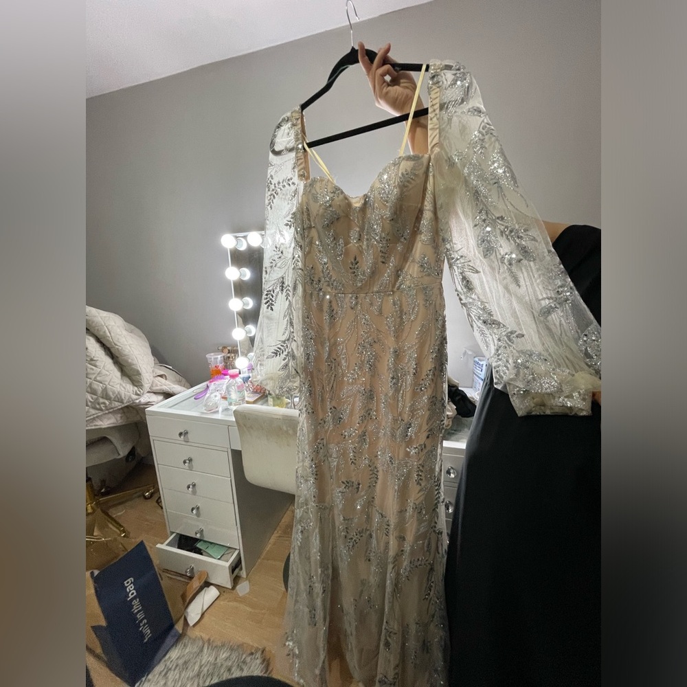 Long sleeved maxi beige/ivory sparkly dress.